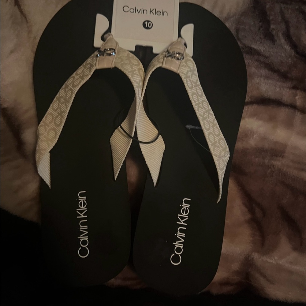 Calvin Klein Women's Sandals with Black Sole and Cream Straps